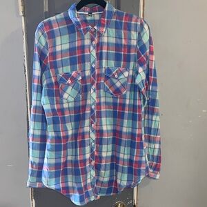 Women's Blue and Red Plaid Button Down Shirt